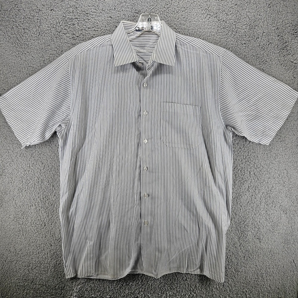 Louis Philippe Mens Premium Cotton Striped Short Sleeve Button Down Shirt Blue L